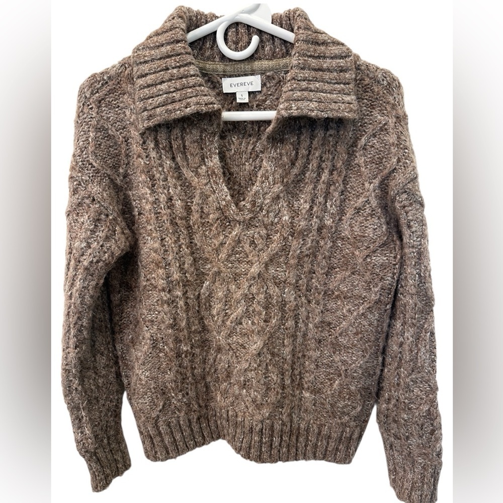 Evereve Heather Brown Shell Cable Knit Collar Sweater S